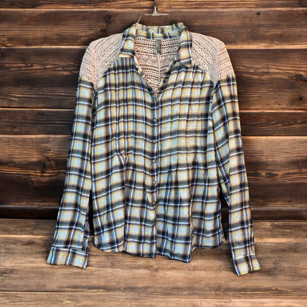 Free People 8 Peplum Yellow Plaid Pearl Snap Front Shirt w/ Crochet Shoulders